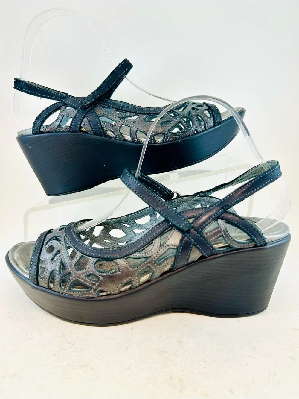 Naot Black Leather Metallic Road Deluxe Slingback Wedge Heel Sandals 8 39